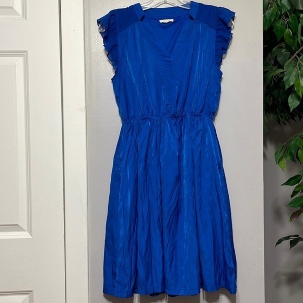 Tulle Royal Blue V-Neck Ruffle Sleeve Elastic Waist Pocket Dress C6801 Small